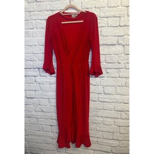 ASOS Red Midi Dress Long Sleeve Ruffle Trim Party Cocktail Evening Size 6